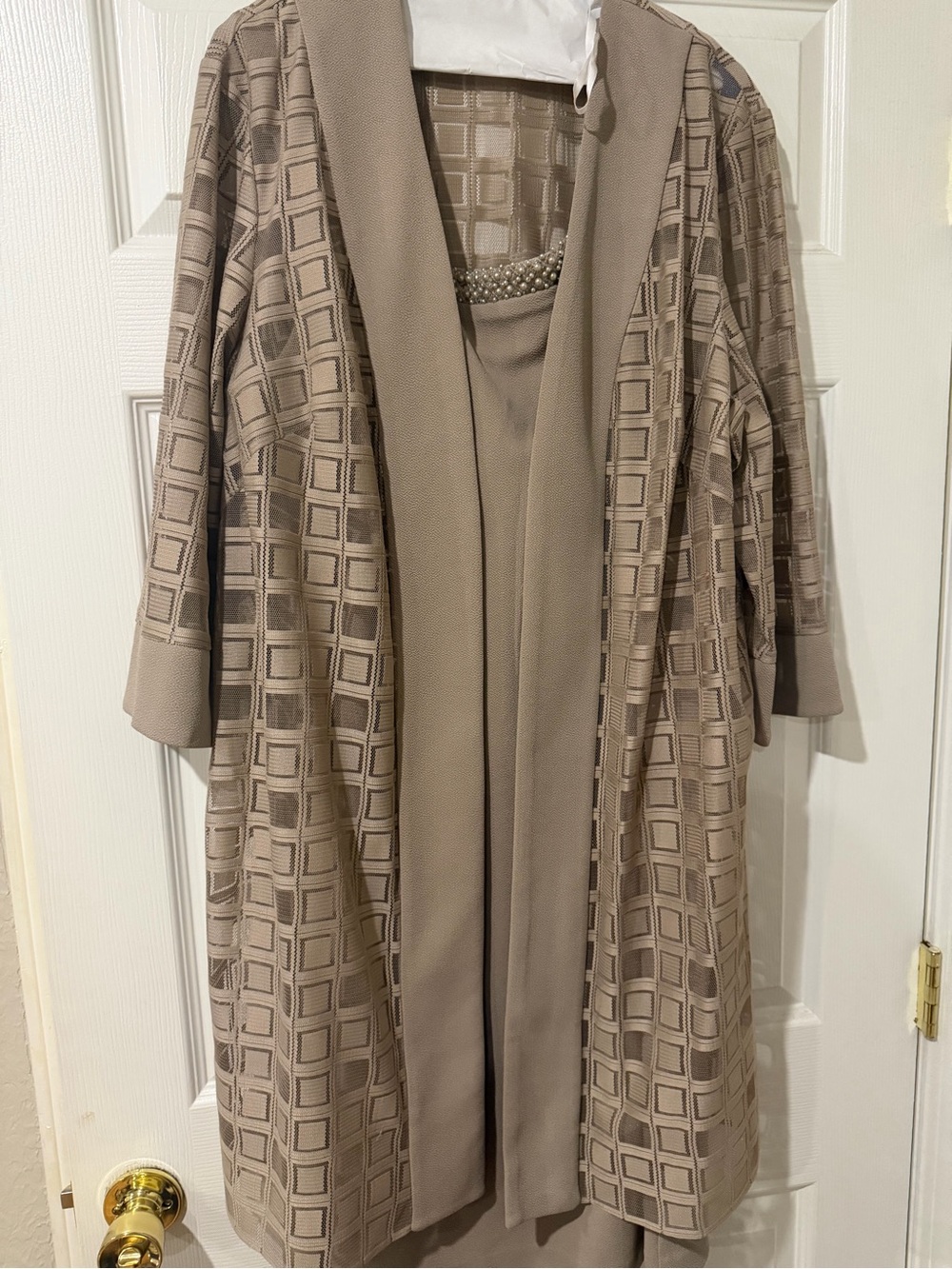 Taupe Midi Dress & Overlay Set with Beaded Neckline